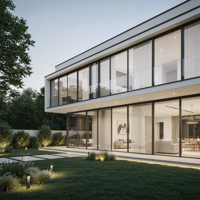 Architectural rendering of a modern house with sleek aluminum windows and a well-maintained garden, enhancing property value, bright and inviting