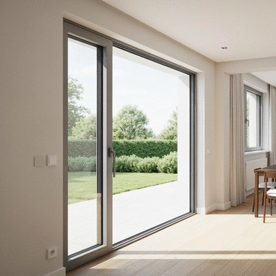 Modern aluminum sliding door in a bright, stylish home interior, opened to a patio