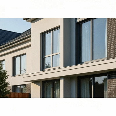 Modern aluminum windows installed in a stylish house facade, showcasing durability and aesthetic appeal, natural lighting