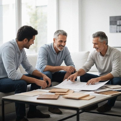 Couple discutant avec un menuisier dans un intérieur moderne, examinant des échantillons de bois