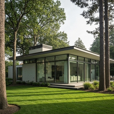 Modern house with newly installed energy-efficient windows and doors, surrounded by a lush green garden.