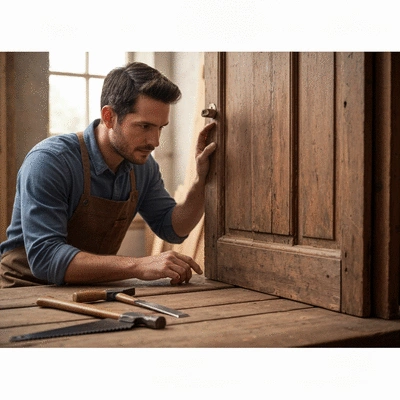 Artisan menuisier inspectant une vieille porte en bois, lumière naturelle, outils visibles au premier plan