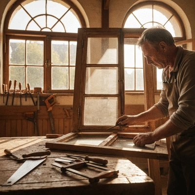 Artisan menuisier travaillant sur une fenêtre en bois ancienne dans un atelier traditionnel, lumière naturelle, pas de texte, pas de mots, pas de typographie, 8K