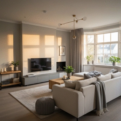 Bureau à domicile élégant avec des éléments de décoration scandinaves, des étagères bien rangées et une plante verte, no text, no words, no typography, clean image