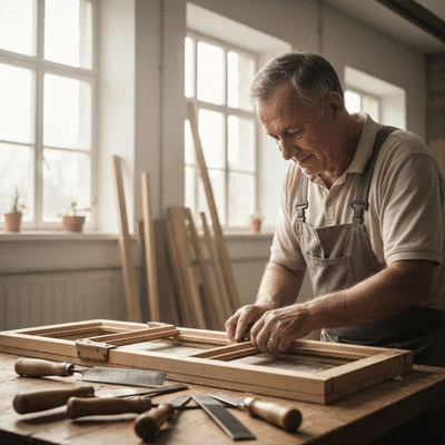 Artisan menuisier travaillant sur une fenêtre ancienne dans un atelier, lumière naturelle