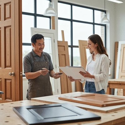 Artisan discussing custom door project with client, natural lighting