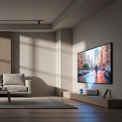 Sleek smart home projector displaying a vibrant image on a living room wall, with a minimalist remote control nearby. No text, no words, no typography, clean image.