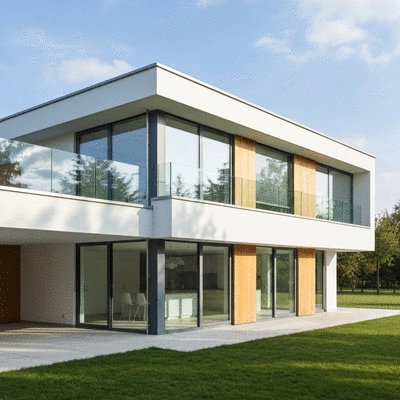 Modern house with energy-efficient windows and doors, natural lighting, no text, no words, no typography, clean image