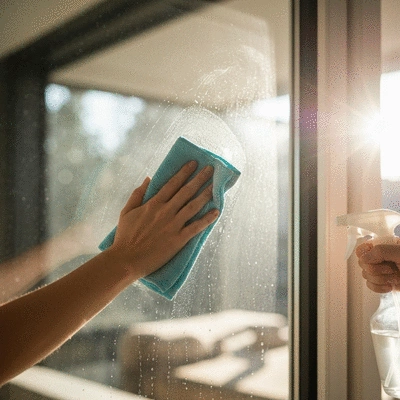 Main nettoyant une fenêtre avec un chiffon et un produit de nettoyage