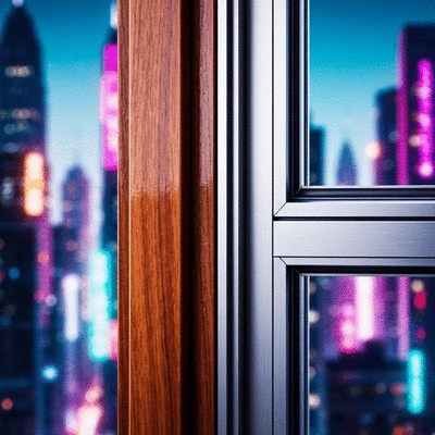 Close-up of a modern window frame, half made of natural wood and half of sleek aluminum, showing a mixed material approach