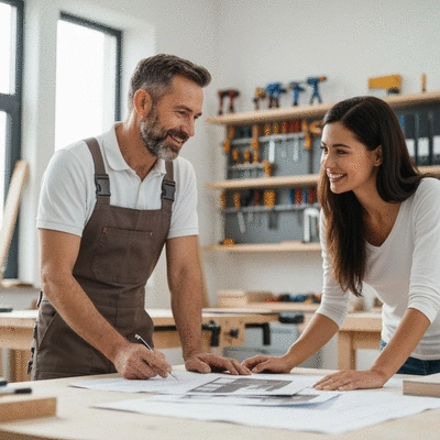 Menuisier discutant avec un client, présentant des plans ou échantillons, dans un atelier lumineux