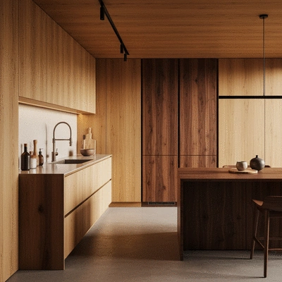 Modern bespoke wooden kitchen interior with warm lighting
