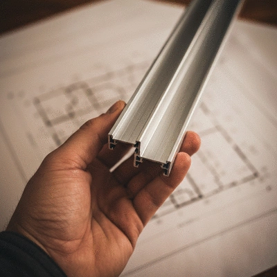Gros plan sur une main tenant un échantillon de profilé en aluminium, avec des plans de construction flous en arrière-plan