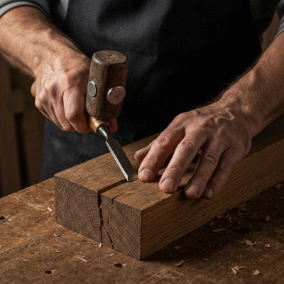 Gros plan sur une main d'artisan travaillant le bois avec des outils traditionnels, lumière douce
