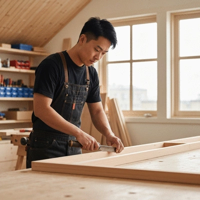 Artisan menuisier travaillant sur un projet d'aménagement de combles au Havre
