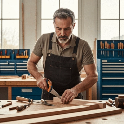 Menuisier qualifié travaillant sur un projet de menuiserie, outils de précision, lumière naturelle