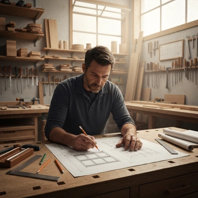 Menuisier ébéniste local travaillant sur un plan de bibliothèque sur-mesure, ambiance atelier, lumière naturelle