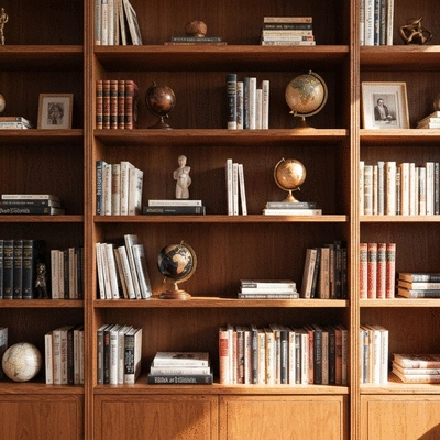 Bibliothèque sur-mesure en bois noble avec des livres et des objets de décoration, style moderne et chaleureux