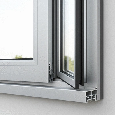 Close-up of a modern aluminum bay window profile with double glazing