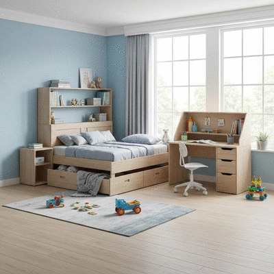 Children's room with functional, multi-purpose furniture, a bed with integrated drawers, and a foldable desk, clean image, no text, no words, no typography, 8K