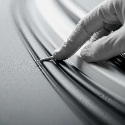 Gros plan sur un joint d'étanchéité de fenêtre, inspecté par une main gantée, lumière naturelle, no text, no words, no typography, no labels, clean image