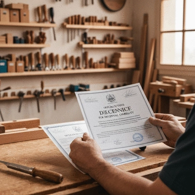 Artisan menuisier examinant des certifications et un document d'assurance décennale