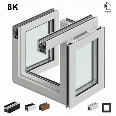 Modern aluminum window frame with a sleek design, showing customization options, no text, no words, no typography, 8K
