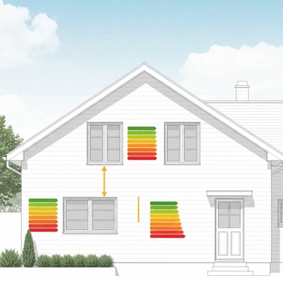 Architectural drawing of a house with highlighted windows for renovation