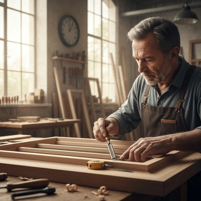 Artisan menuisier inspectant une fenêtre en bois avec des outils
