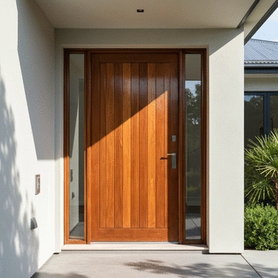 Modern wooden front door in a stylish home entrance, sleek design, natural light
