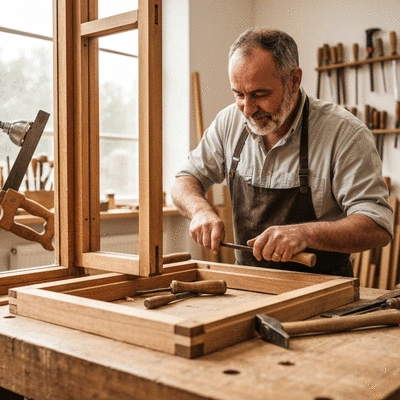 Artisan menuisier travaillant sur une fenêtre en bois ancien