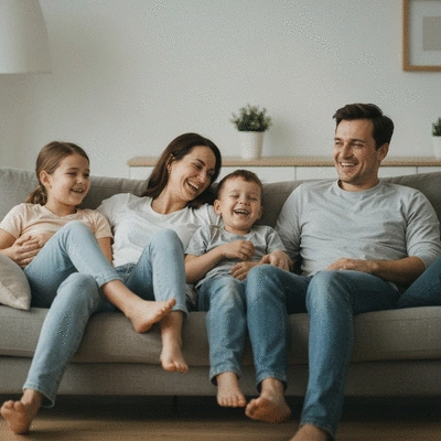 Happy family enjoying a movie night projected onto a large screen in a cozy living room. No text, no words, no typography, clean image.