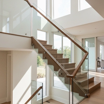 Modern glass and wood staircase railing in a bright home interior.