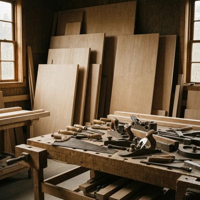 Divers matériaux de menuiserie (bois, aluminium) prêts à être utilisés dans un atelier au Havre