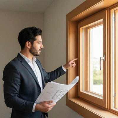 Architect holding blueprints, pointing to a window frame, representing long-term protection and quality craftsmanship