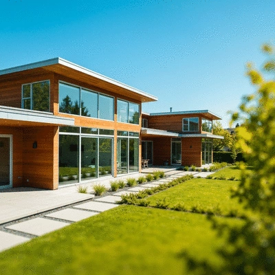 Residential house with modern mixed material windows (wood and aluminum), clean architecture, showcasing energy efficiency and curb appeal.