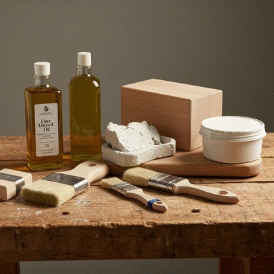 Various natural wood finishes and tools on a workbench
