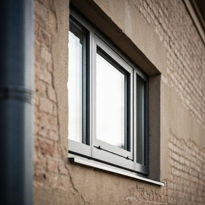 Fenêtre en aluminium moderne installée dans un mur de bâtiment ancien, contrastant harmonieusement