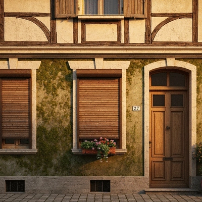 Traditional house with wooden roller shutters, rustic charm, sunny day