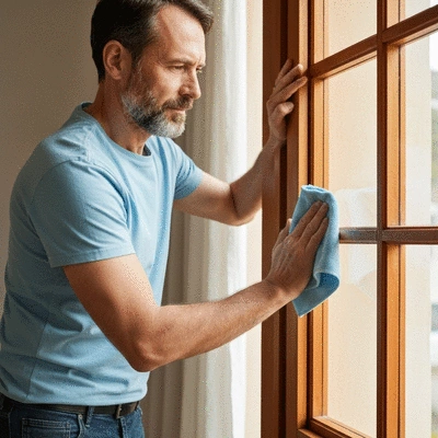 Personne nettoyant une fenêtre en bois avec un chiffon doux, lumière naturelle, no text, no words, no typography, no labels, clean image