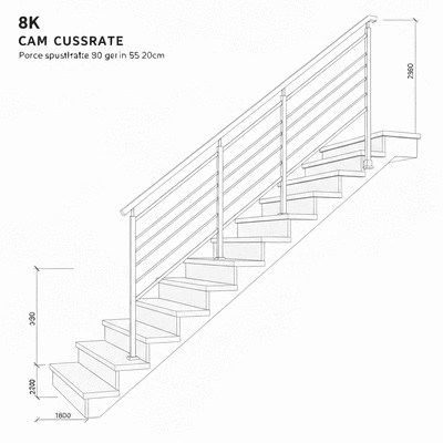 Architectural drawing of a modern staircase railing design with dimensions.