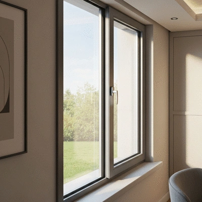 Fenêtre en aluminium moderne avec double vitrage, vue de l'intérieur d'une maison lumineuse, mettant en évidence l'isolation thermique et acoustique, style de vie, no text, no words, no typography, 8K