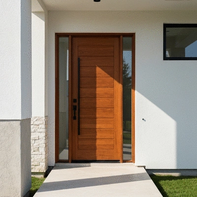 Modern wooden entry door with a warm aesthetic, surrounded by a contemporary home facade