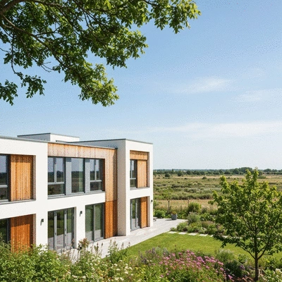 Modern house with various types of windows and doors, showcasing different materials like wood, aluminum, and PVC