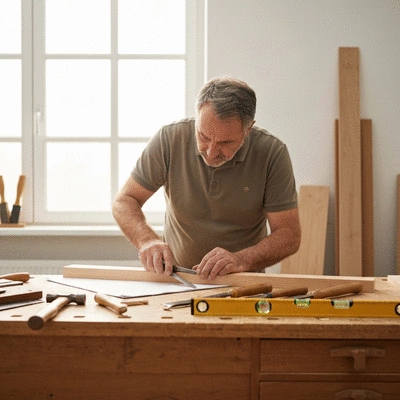 Artisan menuisier travaillant sur un plan de projet avec des outils sur un établi, lumière naturelle, no text, no words, no typography, clean image