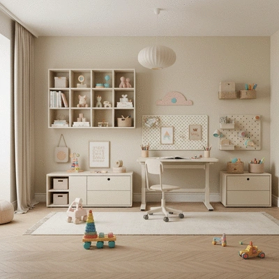 Children's room with modular furniture, adjustable desk, and creative storage solutions. French style, clean image, no text, no words, no typography, 8K
