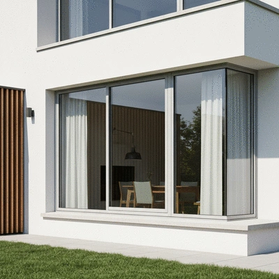 Modern aluminum window in a sleek home facade, clean architecture, no text, no words, no typography, 8K