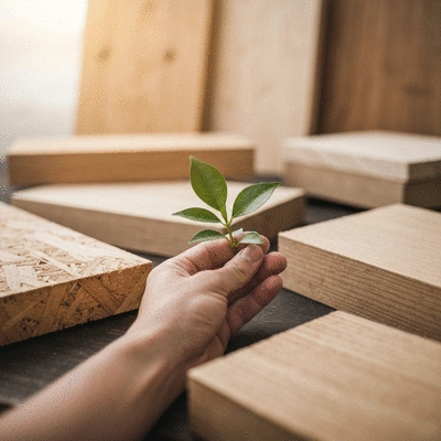 Main tenant une petite plante verte devant des matériaux de menuiserie recyclés, lumière naturelle, no text, no words, no typography, clean image