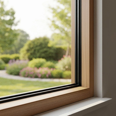 Modern wood-aluminum window frame with a view of a green garden