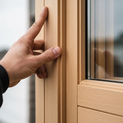 Close-up of a hand touching a newly installed wooden window frame, emphasizing quality and natural materials.